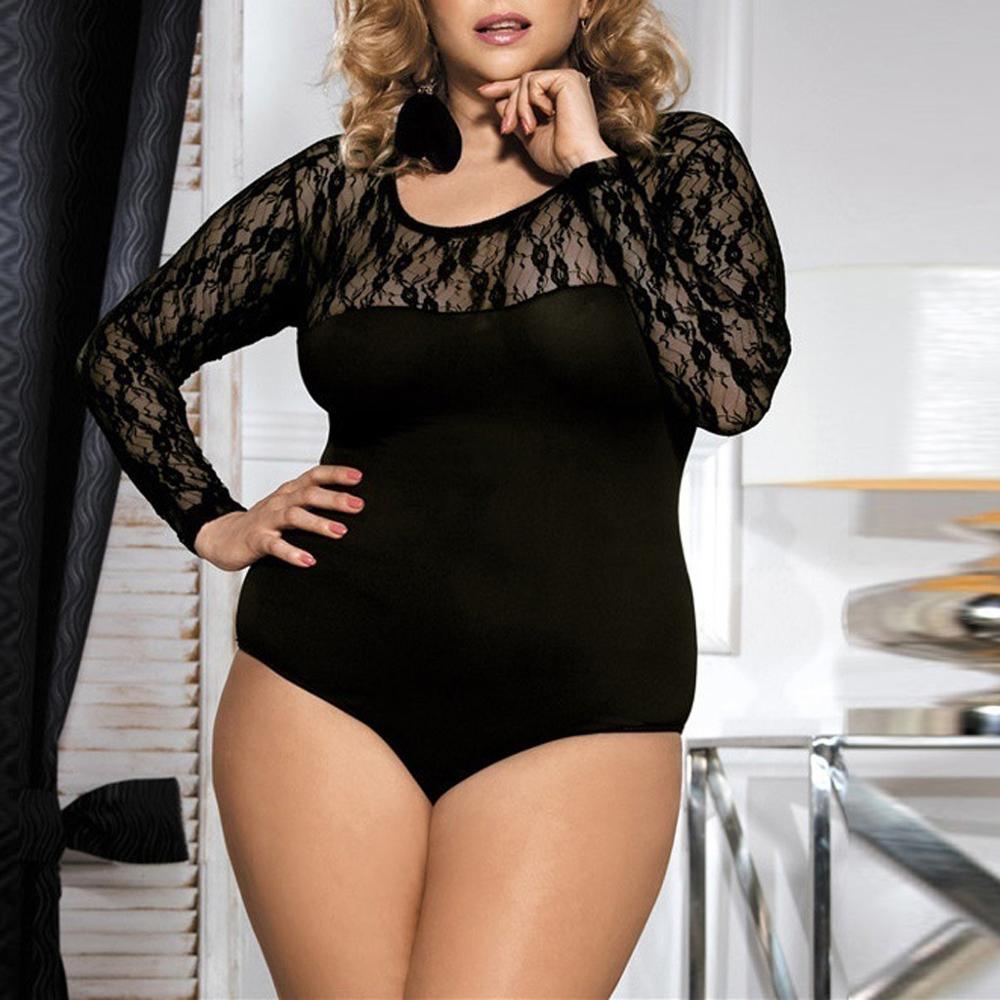 Plus Size Sexy Lace Long Sleeve Bodysuit Sleepwear
