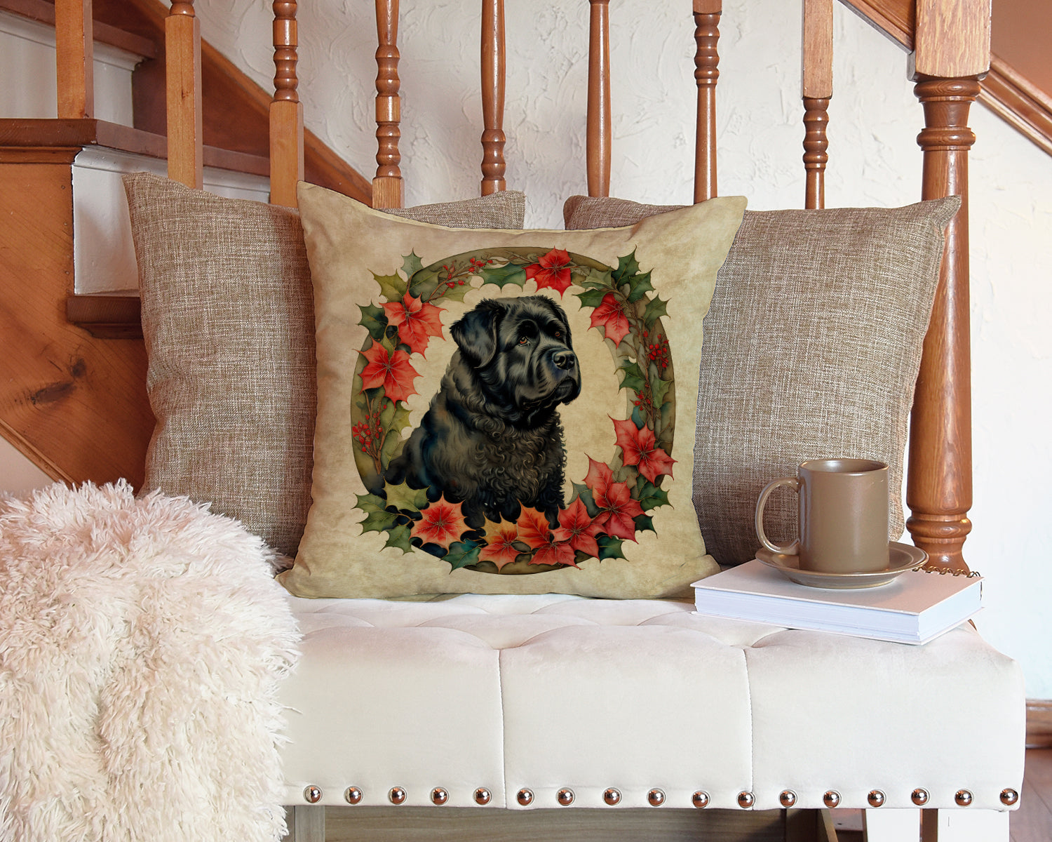 Bouvier des Flandres Christmas Flowers Throw Pillow