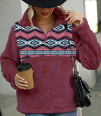 Ladies Geometric Print Round Neck Plush Pullover Sweatshirt