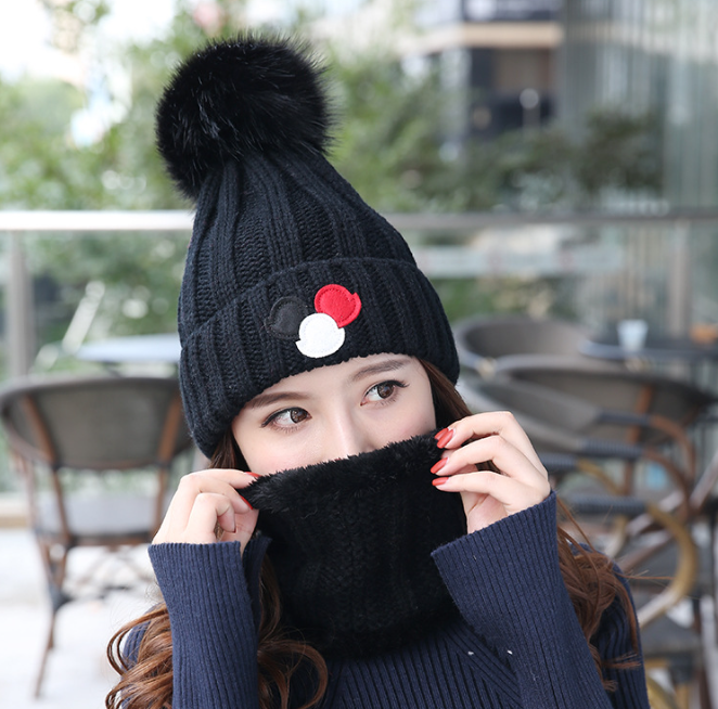 Women's Versatile Knitted Wool Ball Hat with Plush | Embroidered Cap