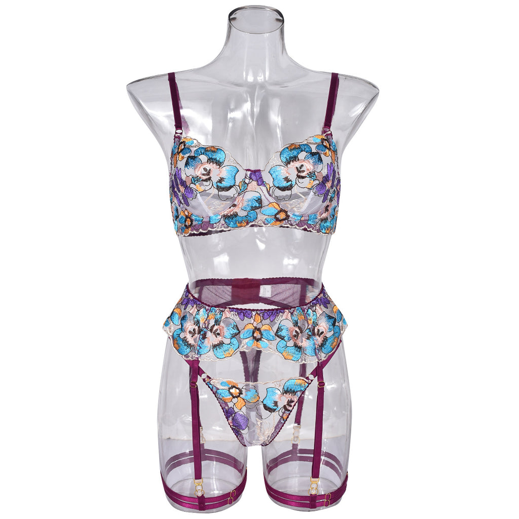 Romantic Floral Embroidery Lingerie Set with Bra & Thong
