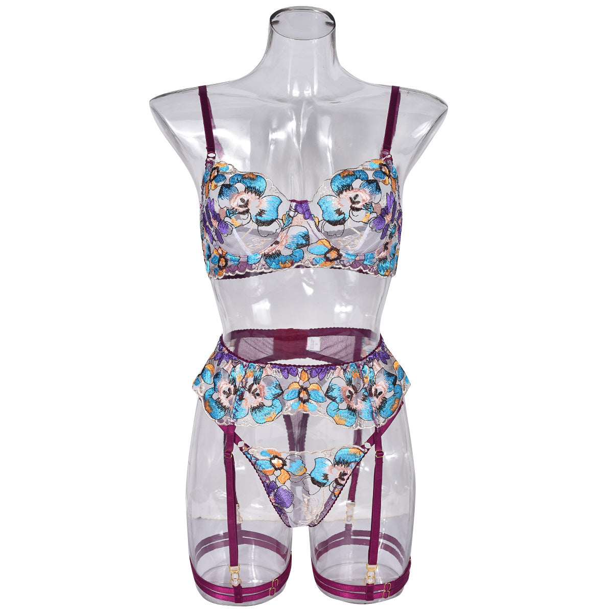 Romantic Floral Embroidery Lingerie Set with Bra & Thong