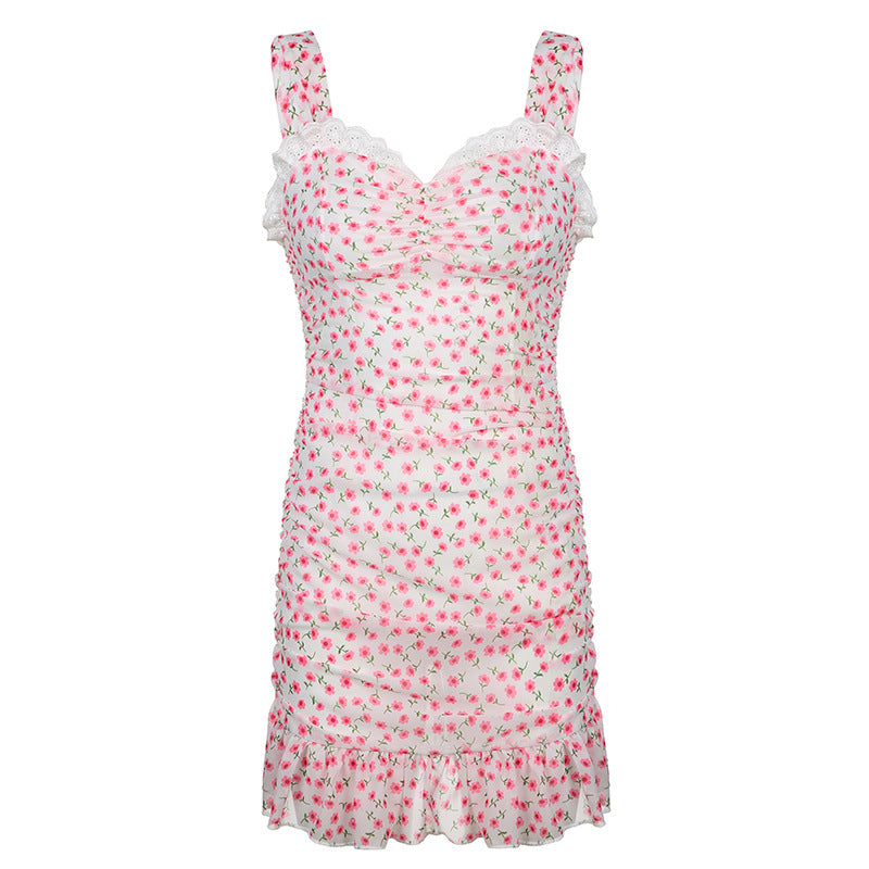 Lace Wavy Neck Slimming Ruffle Hem Wrap Dress