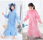 Warm Coral Fleece Hooded Nightdress with Pockets