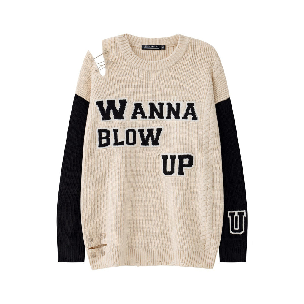 Ripped Pin Embroidered Jacquard Knitted Sweater
