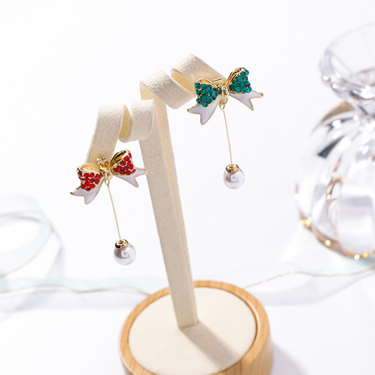 Silver Christmas Pearl Bow Earrings with Tassels
