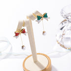 Silver Christmas Pearl Bow Earrings with Tassels
