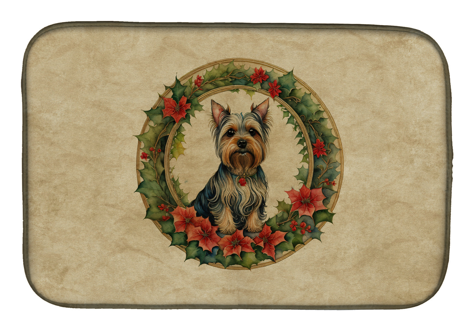 Silky Terrier Christmas Flowers Dish Drying Mat