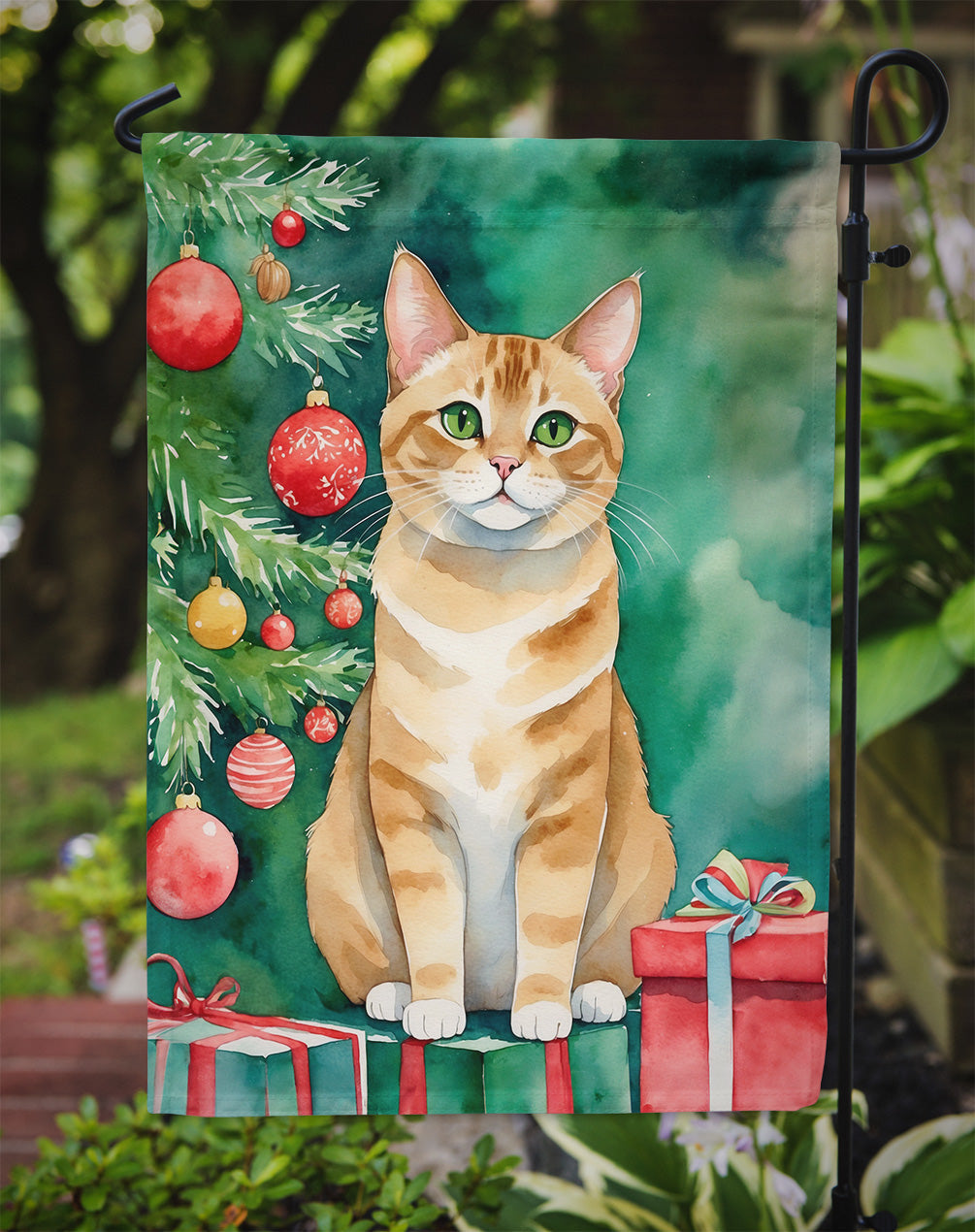 Malayan Cat By the Christmas Tree Garden Flag