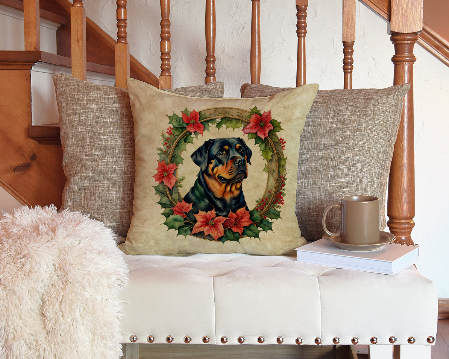 Rottweiler Christmas Flowers Throw Pillow