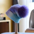 Women's Casual Wool Hat with Fox Fur Ball | Embroidered Cap