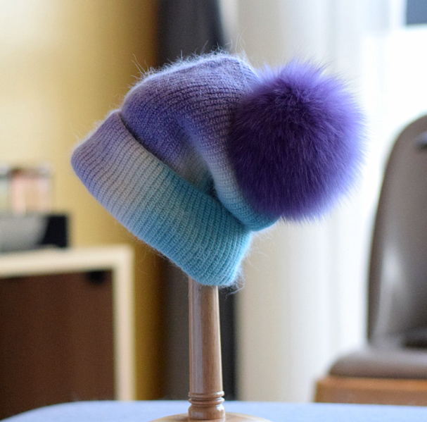 Women's Casual Wool Hat with Fox Fur Ball | Embroidered Cap