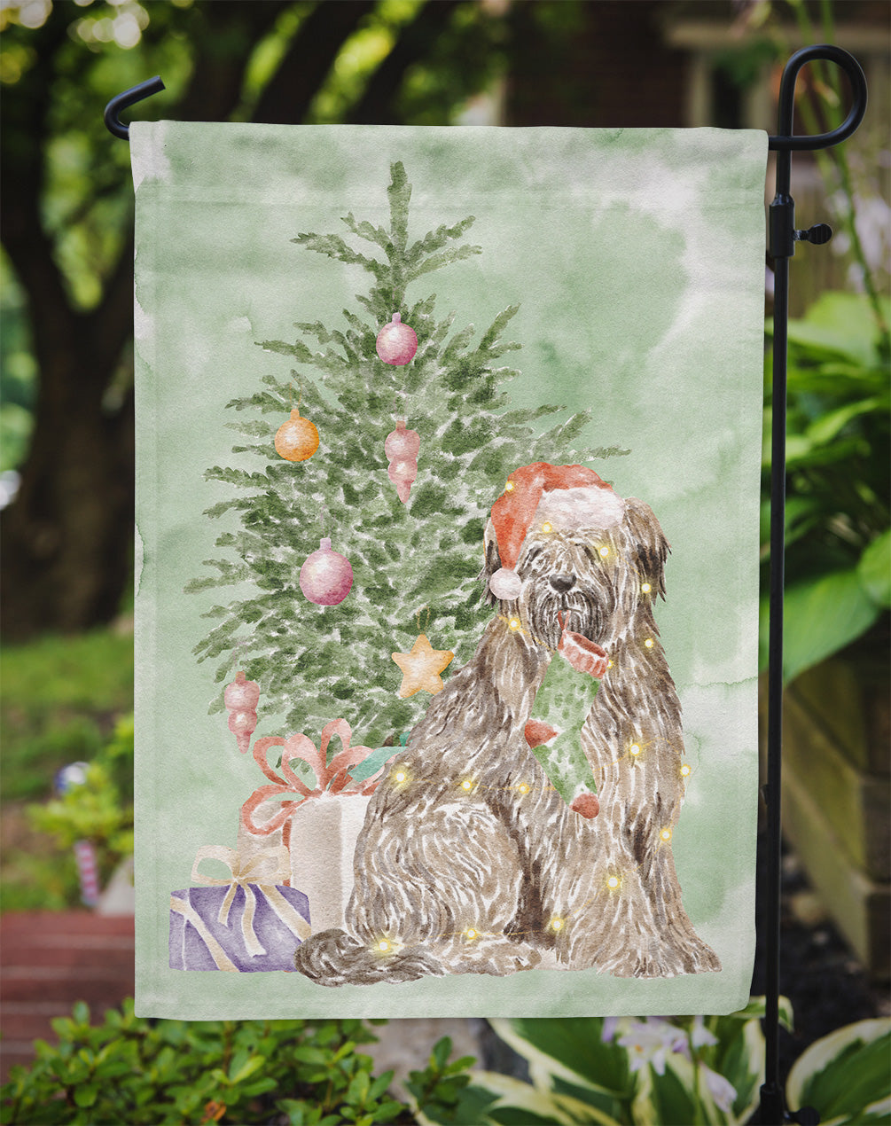 Briard Christmas Presents and Tree Garden Flag