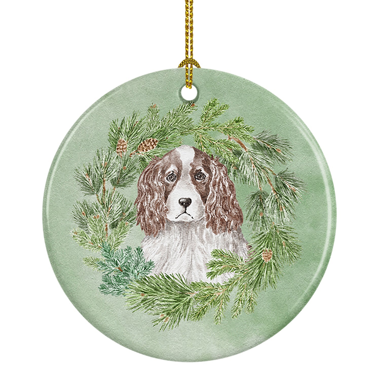 English Springer Spaniel Red and White Christmas Wreath Ceramic Ornament