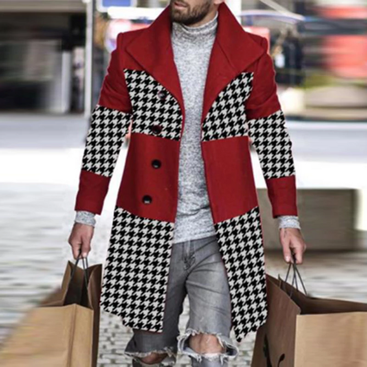 Men's Printed Contrast Woolen Top Coat for Autumn/Winter