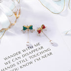 Silver Christmas Pearl Bow Earrings with Tassels