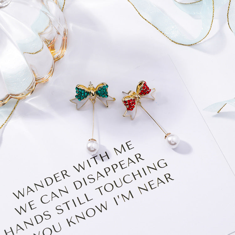 Silver Christmas Pearl Bow Earrings with Tassels