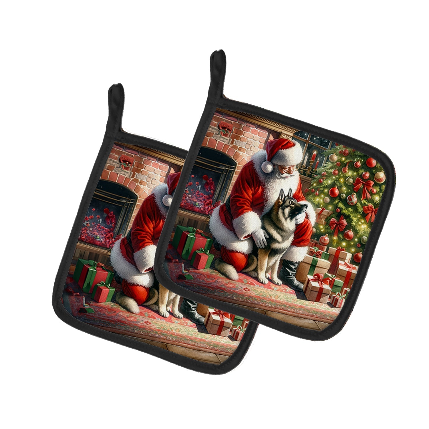 Norwegian Elkhound and Santa Claus Pair of Pot Holders