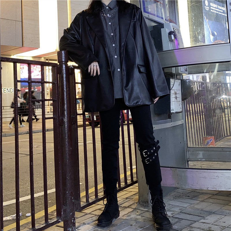 Loose Retro Dark Leather Jacket for Spring and Autumn