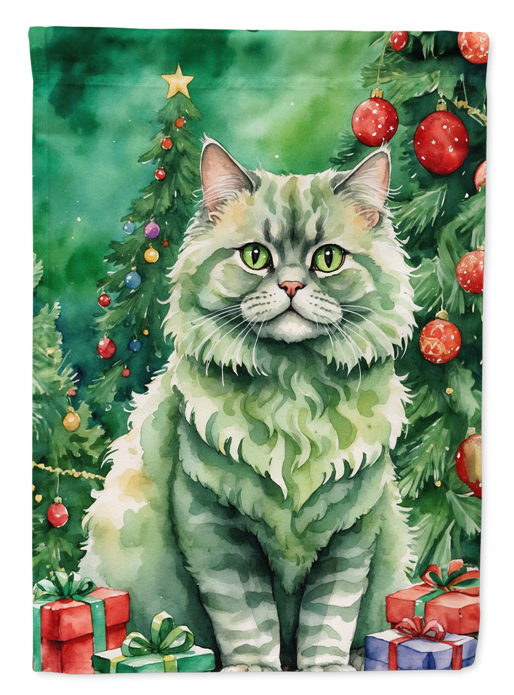 Selkirk Rex Cat By the Christmas Tree Garden Flag