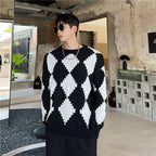 Black and White Rhomboid Knit Round Neck Sweater