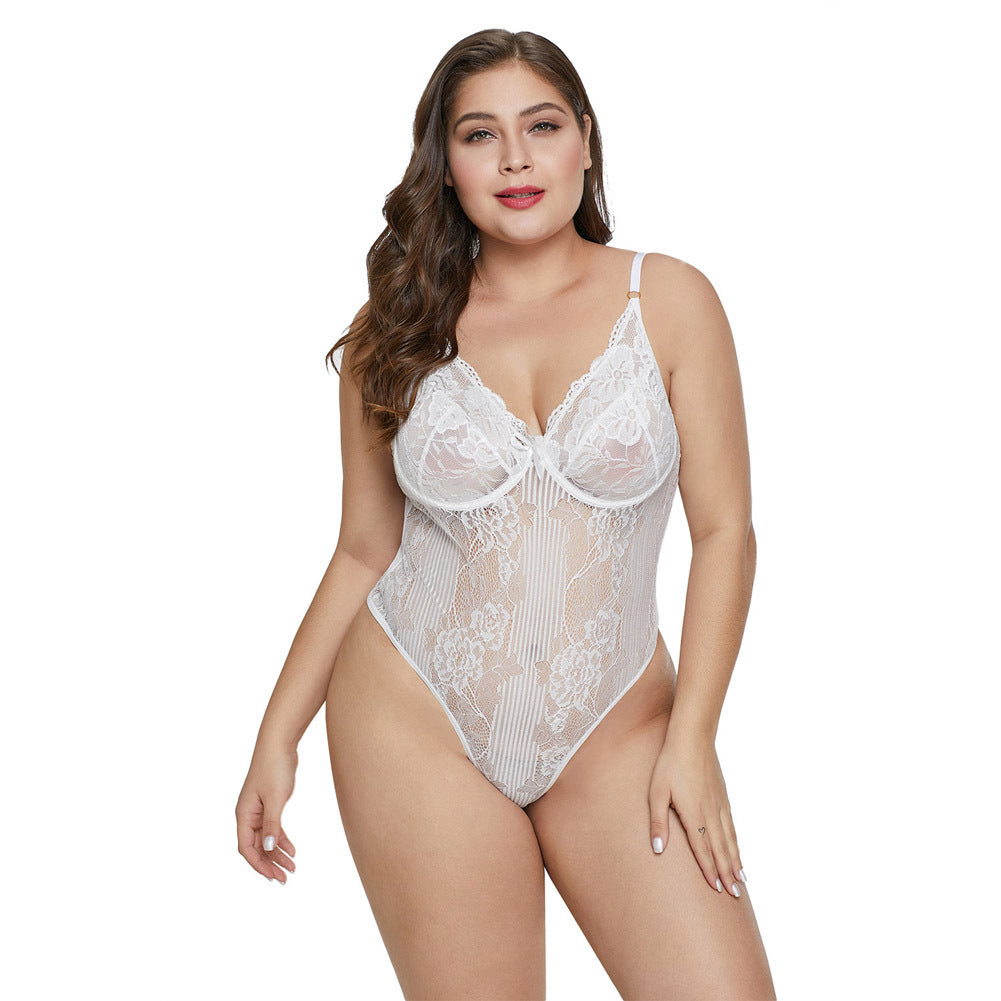 Plus Size White Lace Sheer Bodysuit and Lingerie