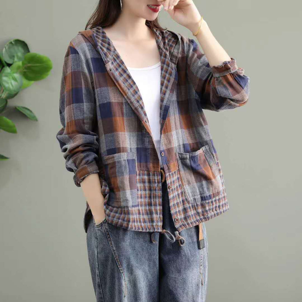 Original Cotton Hooded Plaid Jacket for Literature Lovers