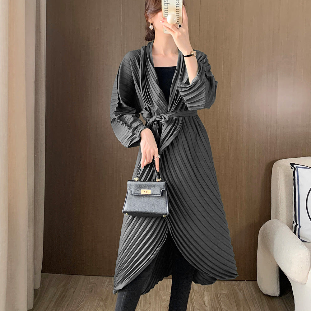 "Manual Crimping Long Female Trench Coat"