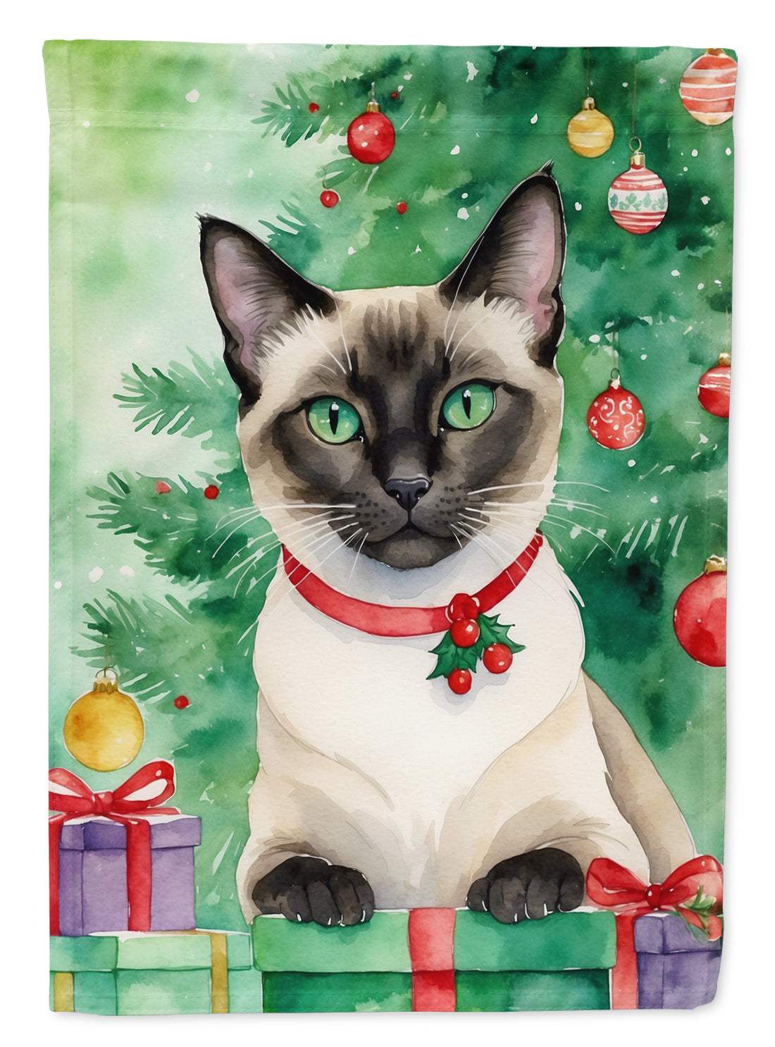 Siamese Cat By the Christmas Tree House Flag