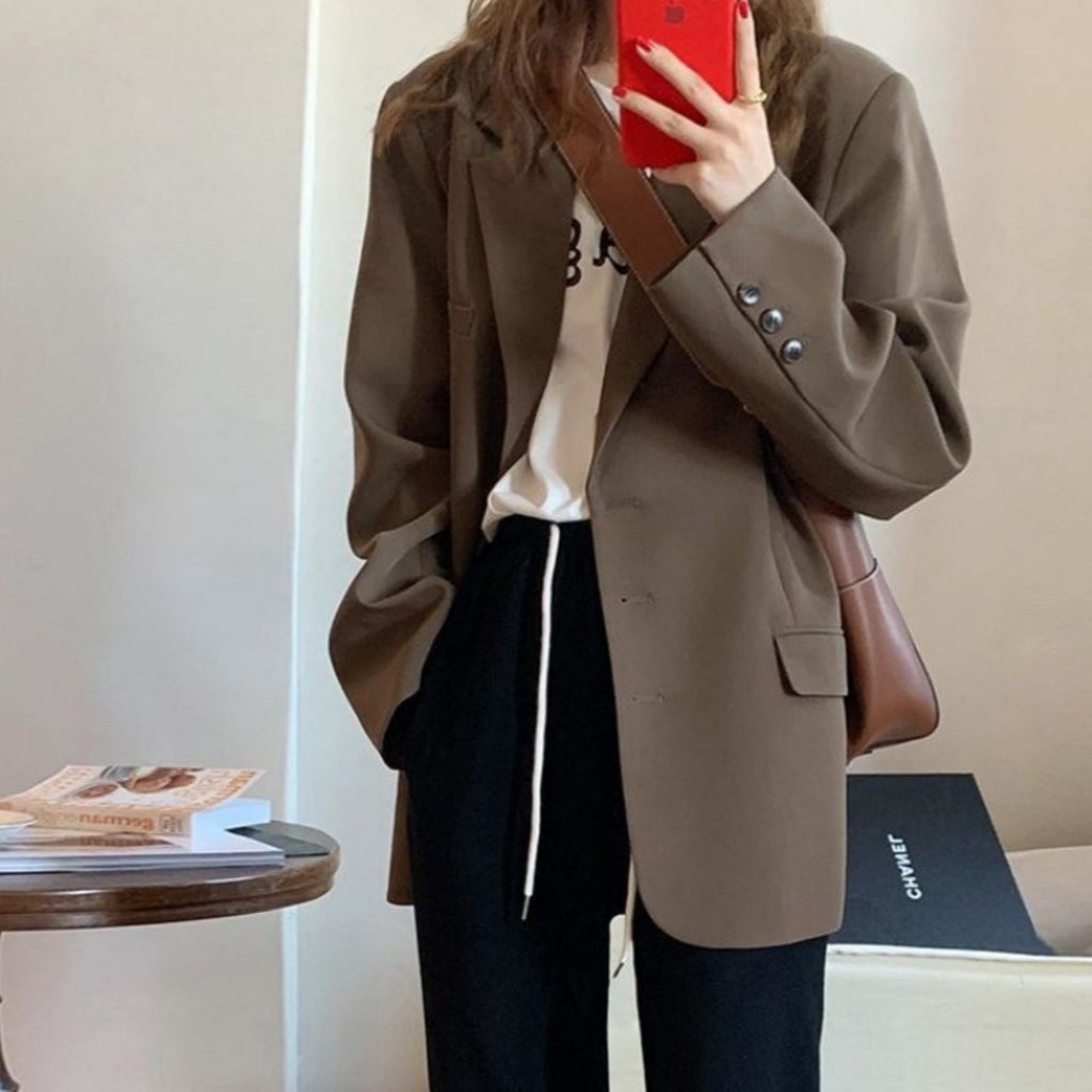 Women's Brown Suit Jacket - Korean Style Design