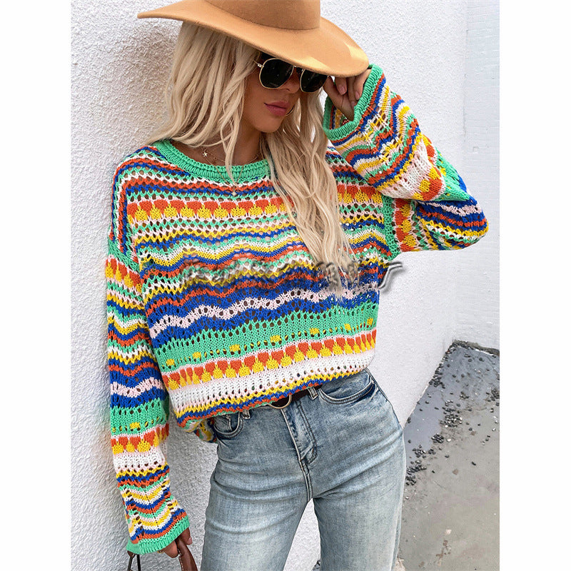 Loose Rainbow Striped Round Neck Sweater for Women