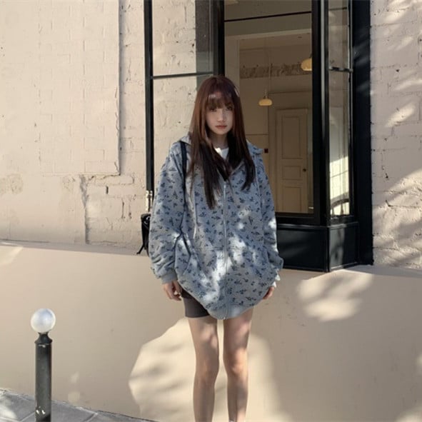 Autumn Retro Floral Hooded Fleece Sweater Coat