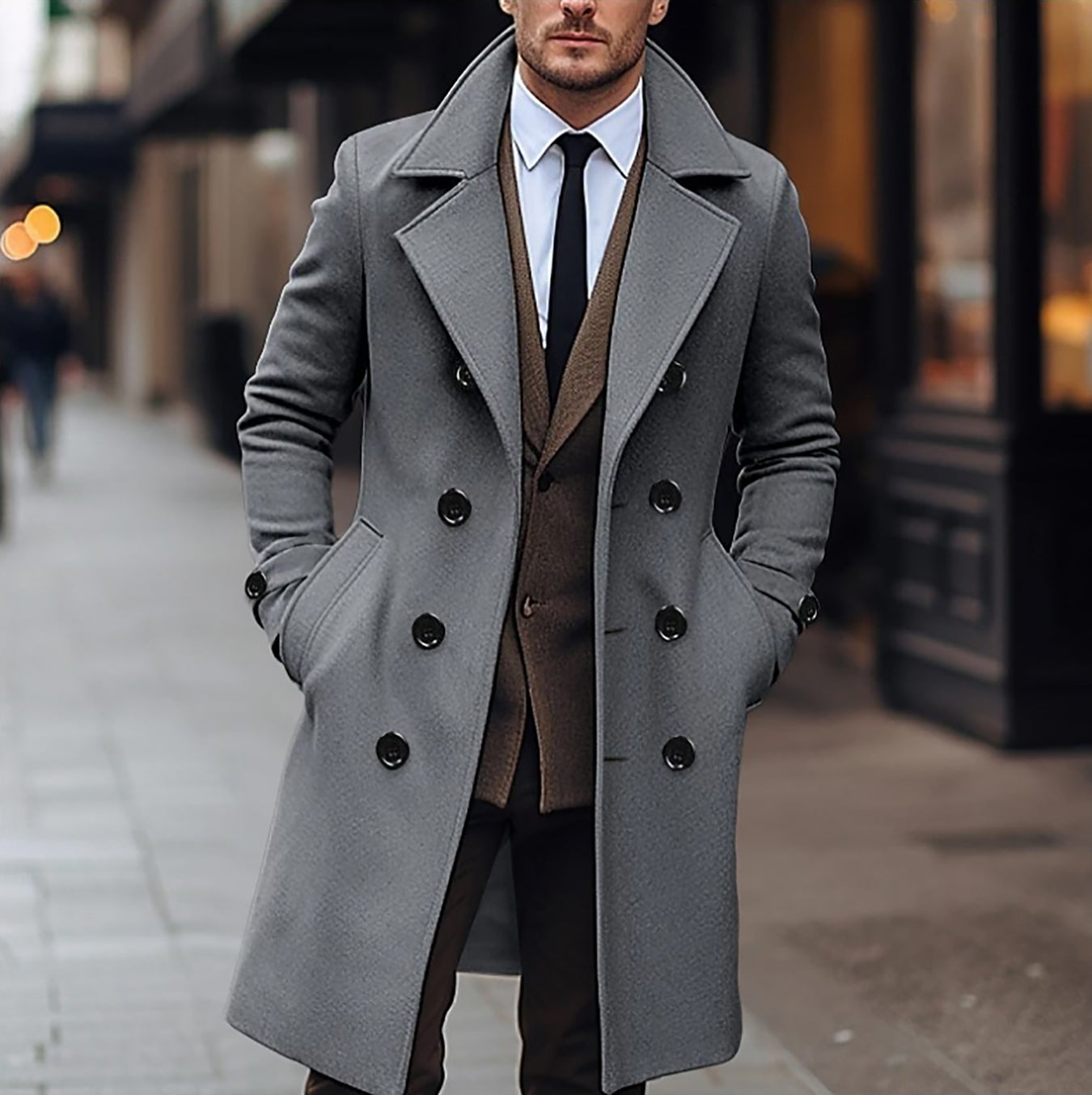 Men's Elegant Long Double-Breasted Wool Coat for Fall/Winter