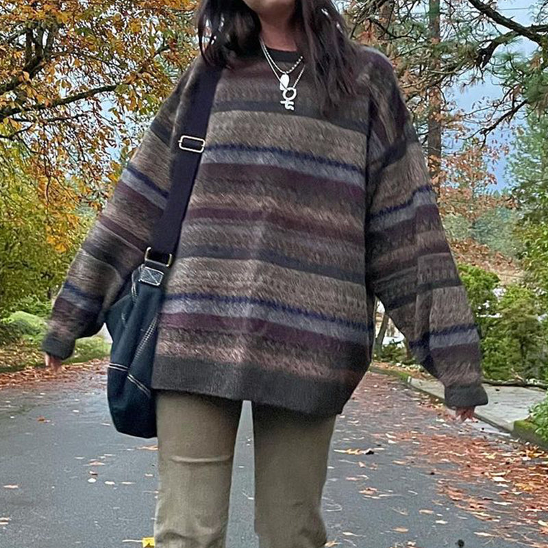 Preppy Grunge Retro Striped Knitted Sweater for Autumn