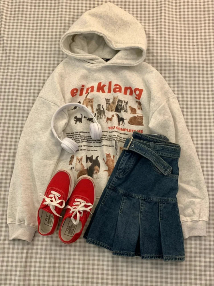 Kawaii Cat Print Hoodie Sweatshirt for Women Y2K Style