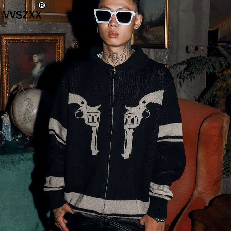 Vintage Printed Zipper Cardigan Sweater for Men