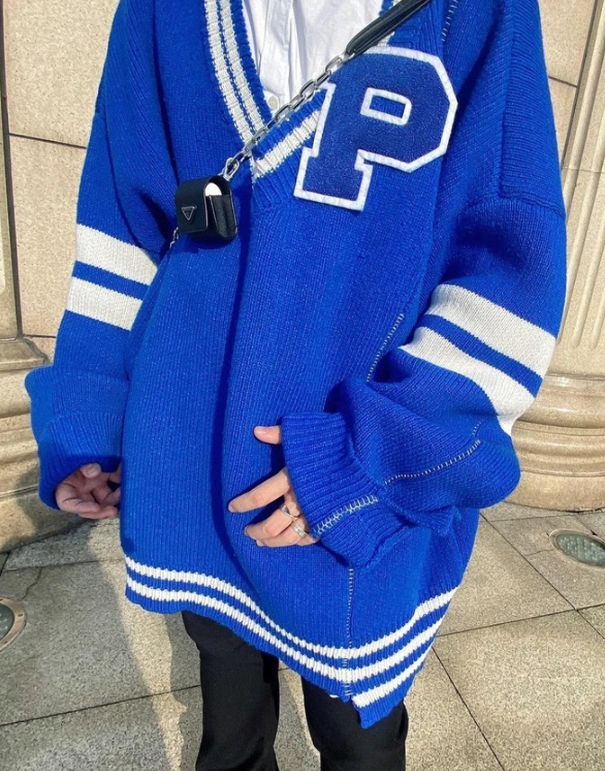 Colorblock Letter Embroidery V-Neck Pullover Sweater | Streetwear