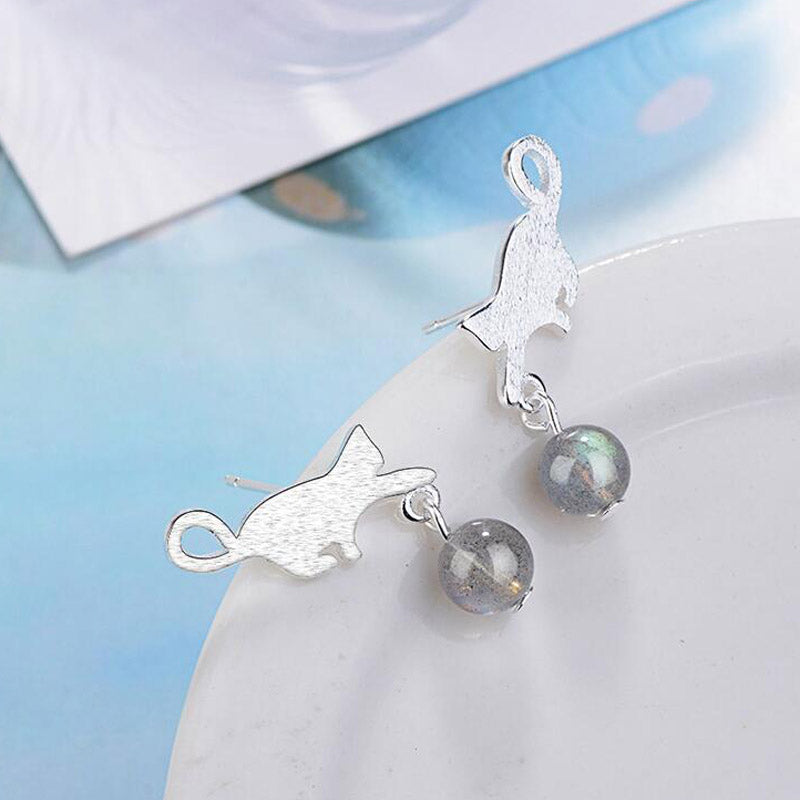 Silver Cat Drop Stud Earrings with Zircon Bead