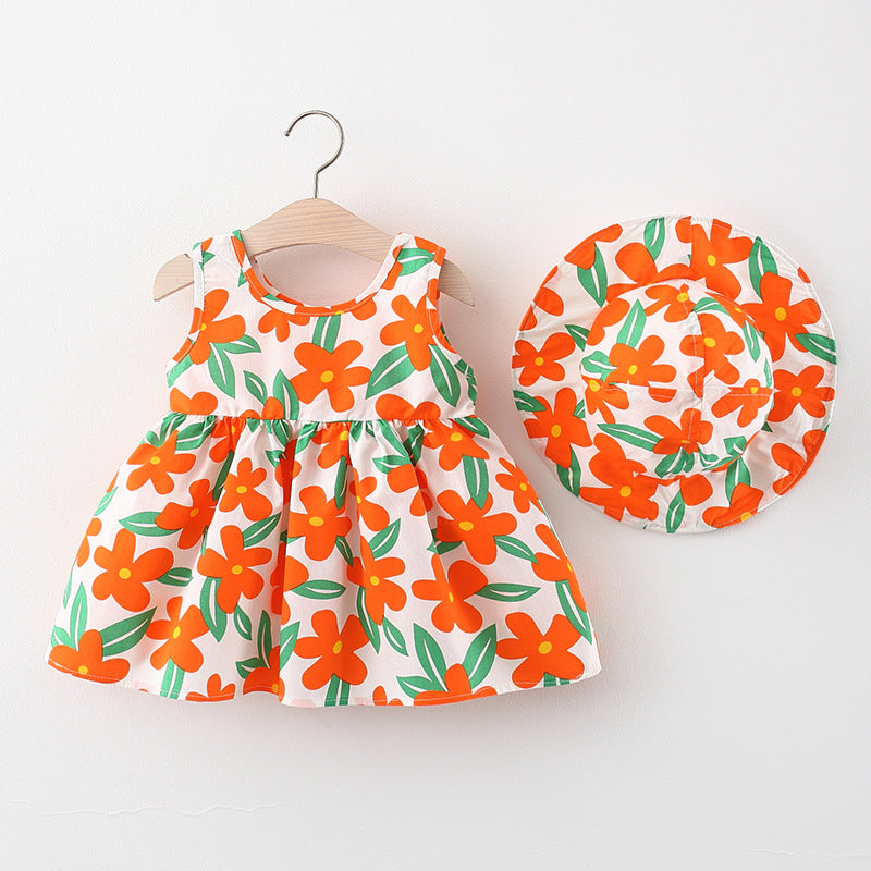 Children's Summer Sleeveless Flower Dress with Hat