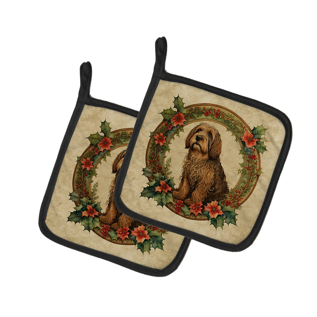 Otterhound Christmas Flowers Pair of Pot Holders