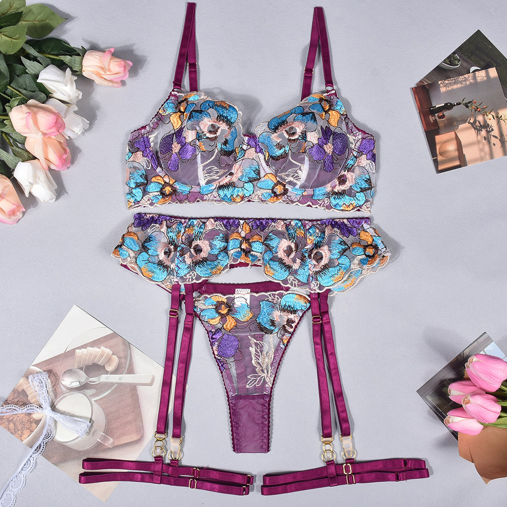 Romantic Floral Embroidery Lingerie Set with Bra & Thong