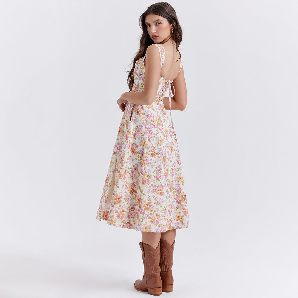 Floral Backless Midi Dress with Spaghetti Straps