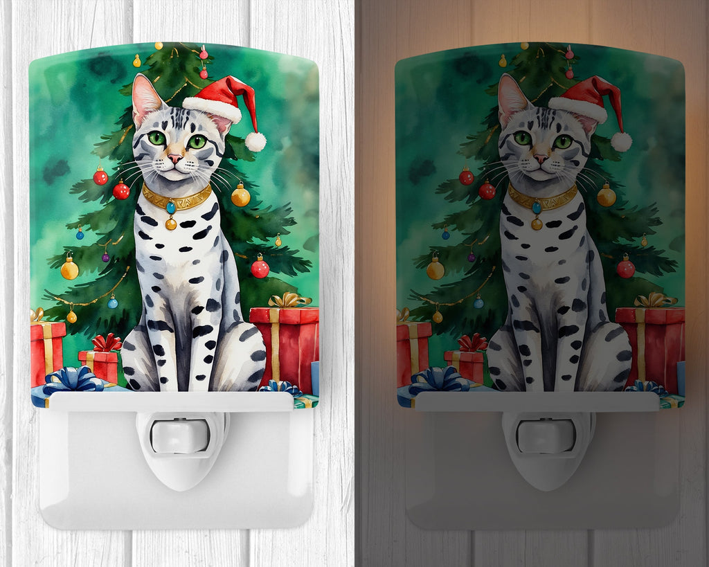 Egyptian Mau Cat By the Christmas Tree Ceramic Night Light