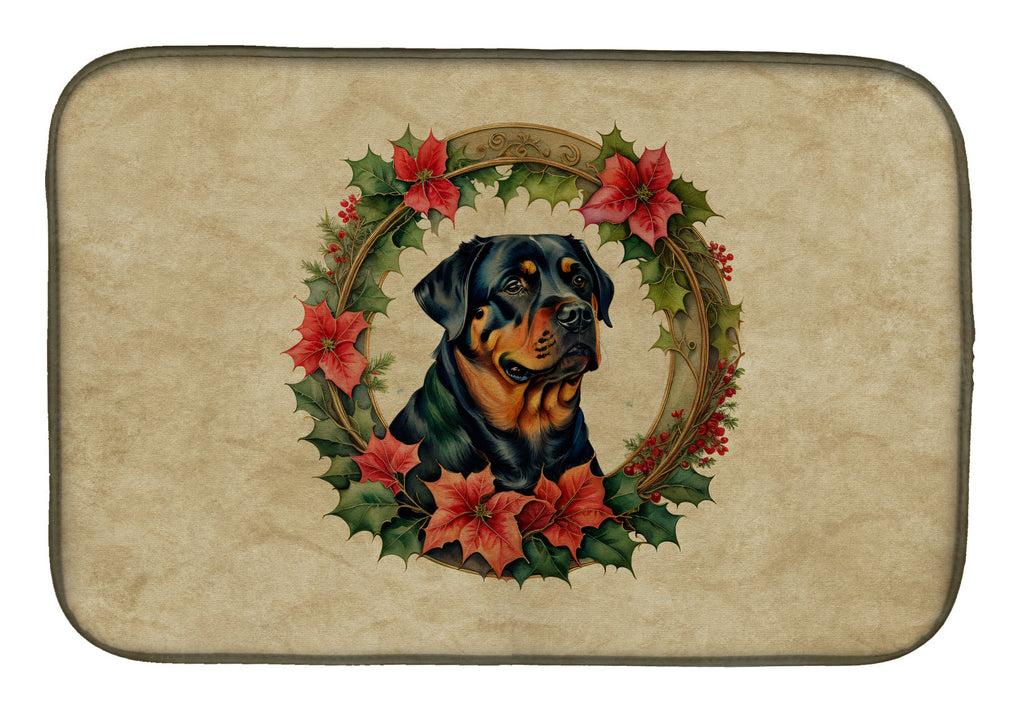 Rottweiler Christmas Flowers Dish Drying Mat