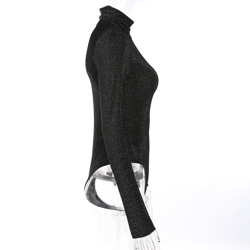 Black Gold Silk Sexy Mock Neck Bodysuit
