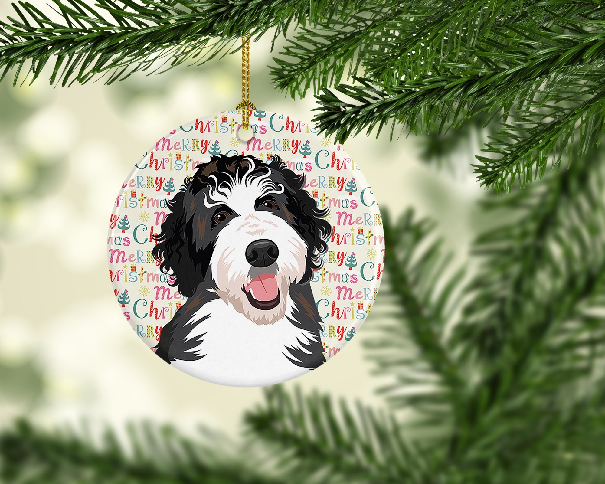 Doodle Silver and White #1 Christmas Ceramic Ornament