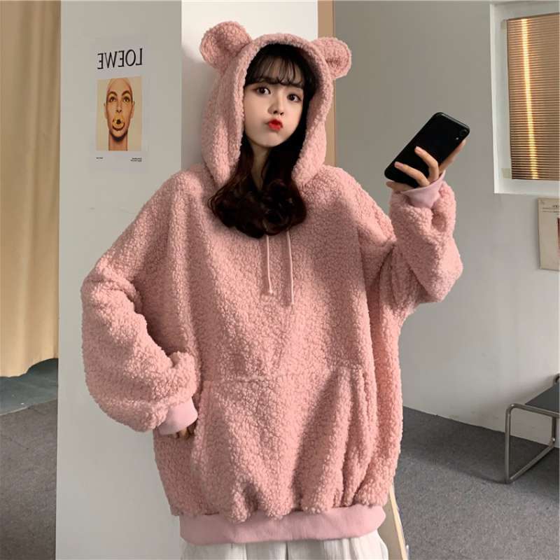 Bear Ears Hooded Fleece Sweater in Lamb Wool