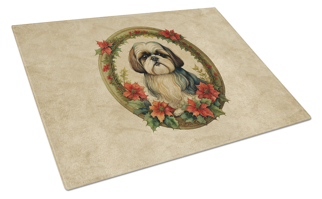 Shih Tzu Christmas Flowers Glass Cutting Board