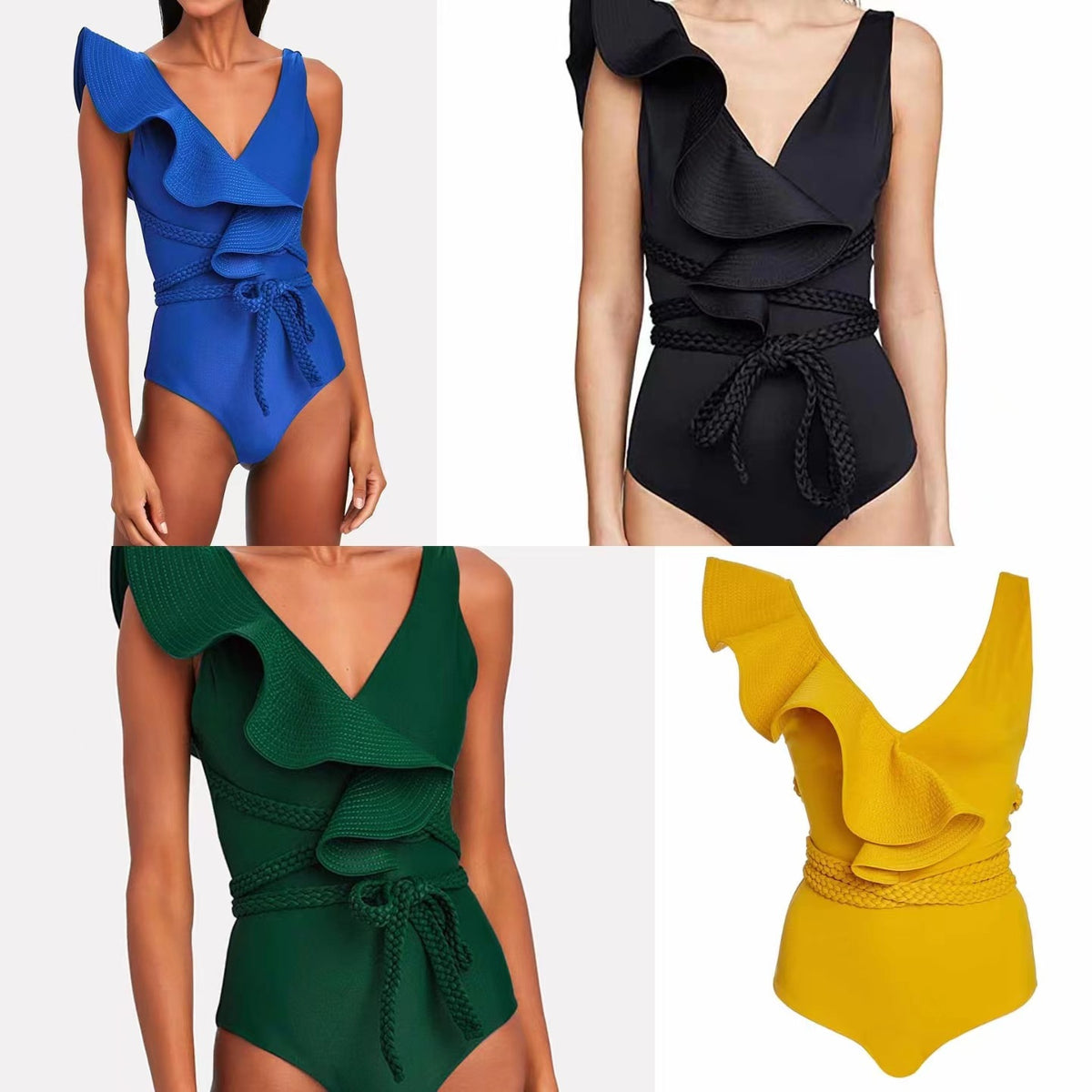 Solid Color Ruffled Belted One-Piece Swimsuit 2024