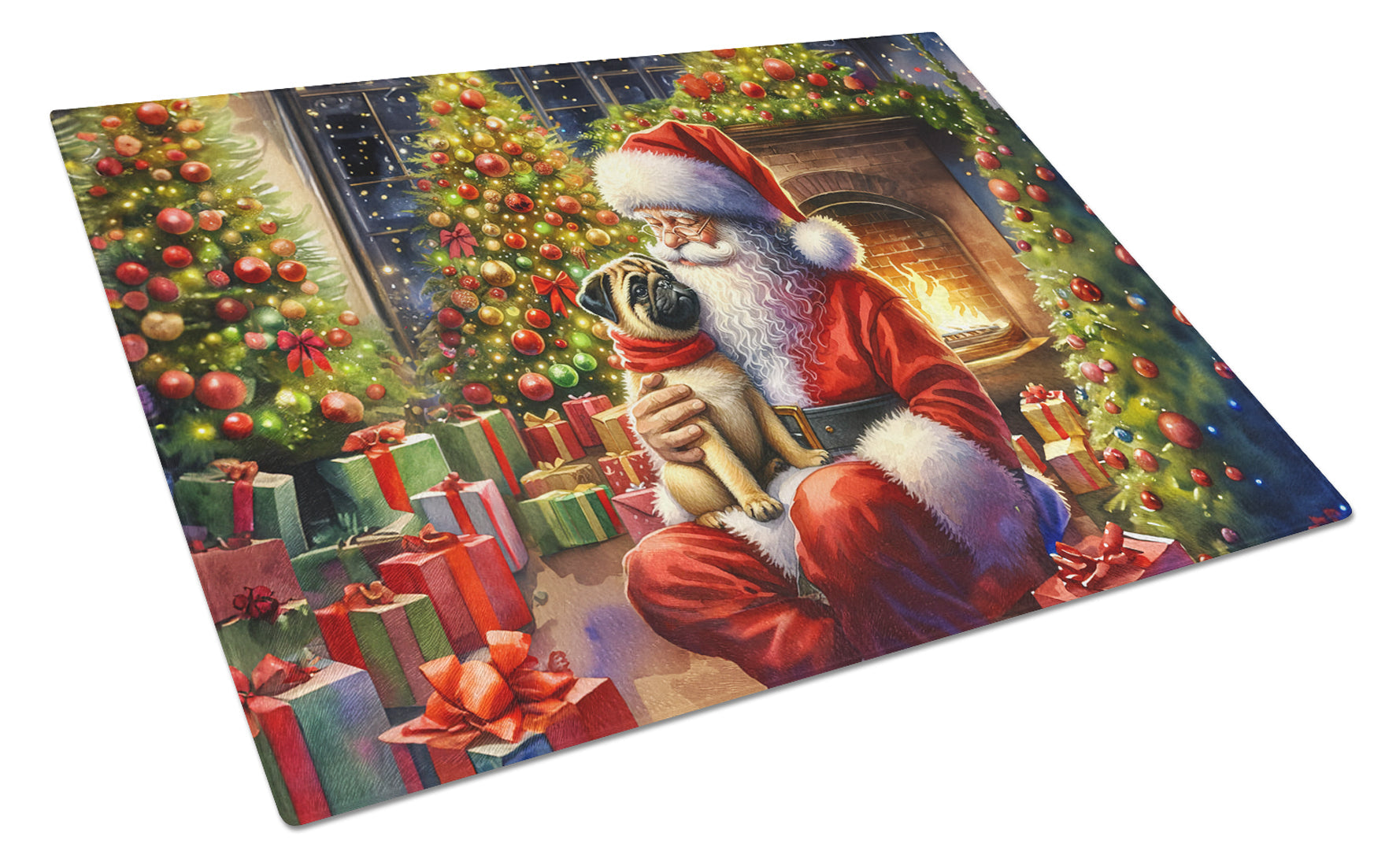 Fawn Pug and Santa Claus Glass Cutting Board